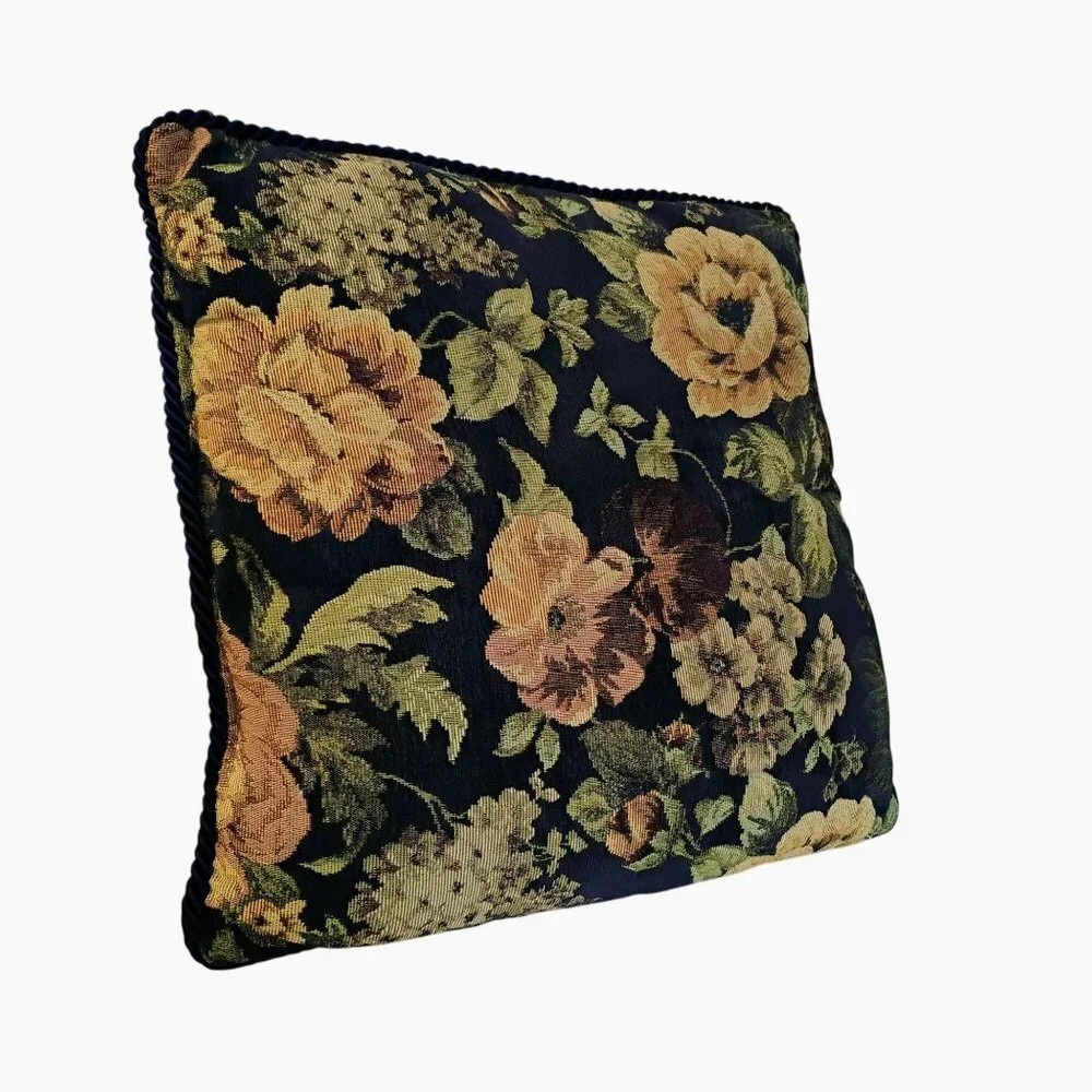 Vintage Floral Tapestry Throw Pillow With Bold Cottagecore Design & Corded Trim